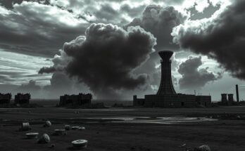 A symbolic representation of geopolitical tension, featuring a dark cloud over a broken nuclear facility, grey tones.