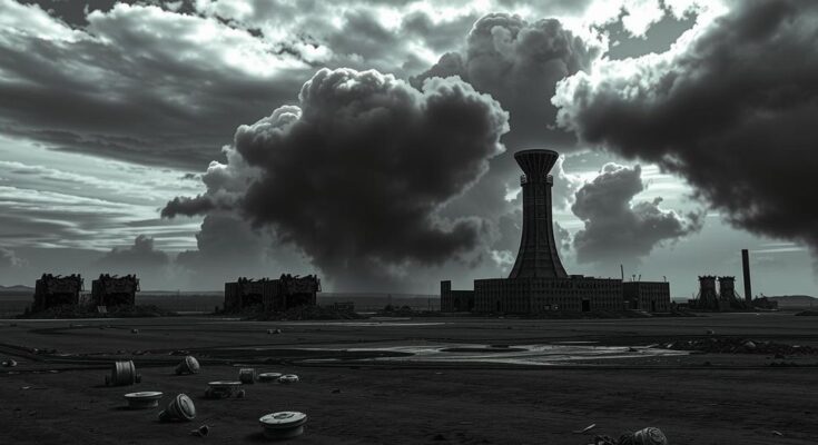 A symbolic representation of geopolitical tension, featuring a dark cloud over a broken nuclear facility, grey tones.
