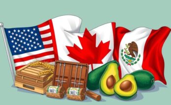 Simbolo di commercio americane in conflitto con tariffe, con bandiere di USA, Canada e Messico e oggetti simbolici di prodotti.