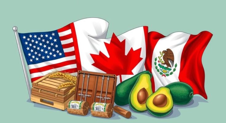 Simbolo di commercio americane in conflitto con tariffe, con bandiere di USA, Canada e Messico e oggetti simbolici di prodotti.
