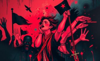 Artwork depicting political unrest with dark, bold colours illustrating tension and violence in society.
