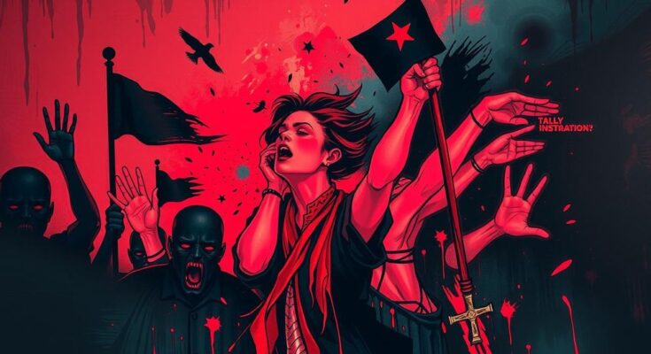Artwork depicting political unrest with dark, bold colours illustrating tension and violence in society.