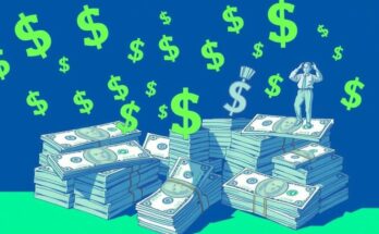 Billionaires supporting political campaigns with financial contributions illustrated through charts and dollar symbols in vibrant colors.