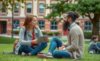 Tineri universitari interacționând pe campus cu discuții despre politică, evidențiind diferențele de opinie.