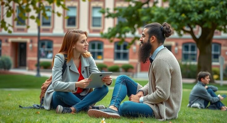 Tineri universitari interacționând pe campus cu discuții despre politică, evidențiind diferențele de opinie.