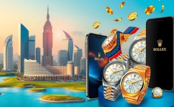 An illustration of a successful business empire with skyscrapers, luxury resorts, and branded merchandise.