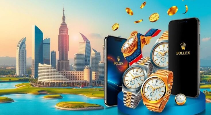 An illustration of a successful business empire with skyscrapers, luxury resorts, and branded merchandise.