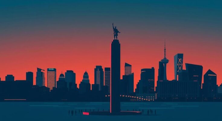 A city skyline with a prominent silhouette of a progressive political symbol amid twilight hues.