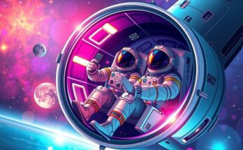 Astronauts preparing for space travel, SpaceX capsule, vibrant colors of space and stars