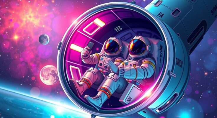 Astronauts preparing for space travel, SpaceX capsule, vibrant colors of space and stars