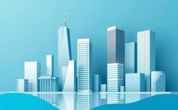 Un paesaggio urbano stilizzato con edifici e simboli che rappresentano economia e finanza, in tonalità blu e argento.