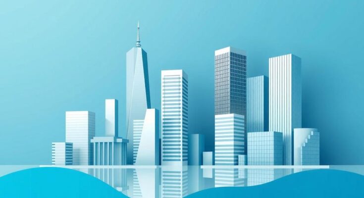 Un paesaggio urbano stilizzato con edifici e simboli che rappresentano economia e finanza, in tonalità blu e argento.