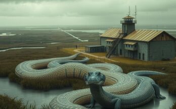 A conceptual illustration of a vast landscape showing a detention facility surrounded by wetlands and wildlife, portraying a stark immigration theme.