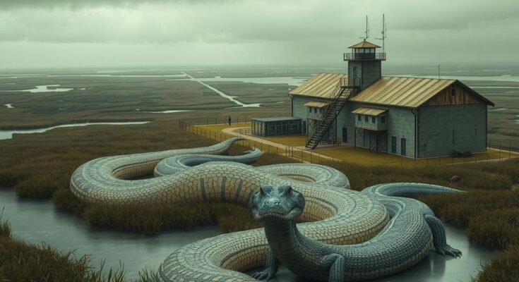 A conceptual illustration of a vast landscape showing a detention facility surrounded by wetlands and wildlife, portraying a stark immigration theme.
