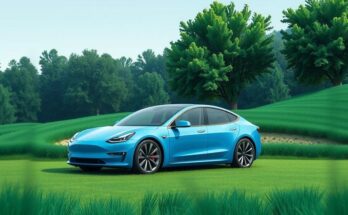 Gambaran mobil Tesla minimalis berwarna biru dengan latar belakang alam hijau, merepresentasikan inovasi dan teknologi.