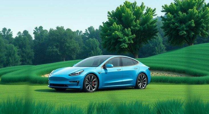 Gambaran mobil Tesla minimalis berwarna biru dengan latar belakang alam hijau, merepresentasikan inovasi dan teknologi.