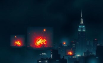 Airstrikes over a darkened cityscape with glowing explosions, conveying conflict and tension in a dramatic style.