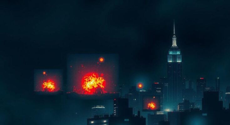 Airstrikes over a darkened cityscape with glowing explosions, conveying conflict and tension in a dramatic style.