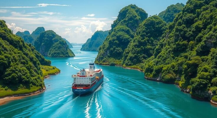 Pemandangan indah Kanal Panama dengan perahu berlayar, menampilkan suasana damai dan warna alam.