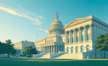 Ilustrasi suasana politik di Amerika dengan arsitektur gedung pemerintah dan suasana tenang.