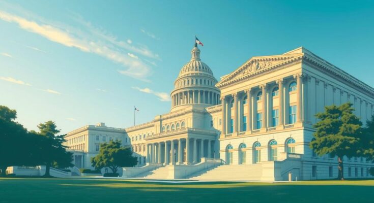 Ilustrasi suasana politik di Amerika dengan arsitektur gedung pemerintah dan suasana tenang.