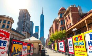 New York City primary election day featuring campaign materials, polling stations, and temperature indicators in a sunny setting.