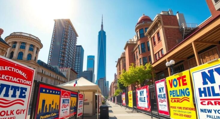 New York City primary election day featuring campaign materials, polling stations, and temperature indicators in a sunny setting.