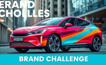 Culoarea electrică a unui automobil Tesla pe fundal urban, simbolizând provocările de brand. Estetică modernă, paletă vibrantă.
