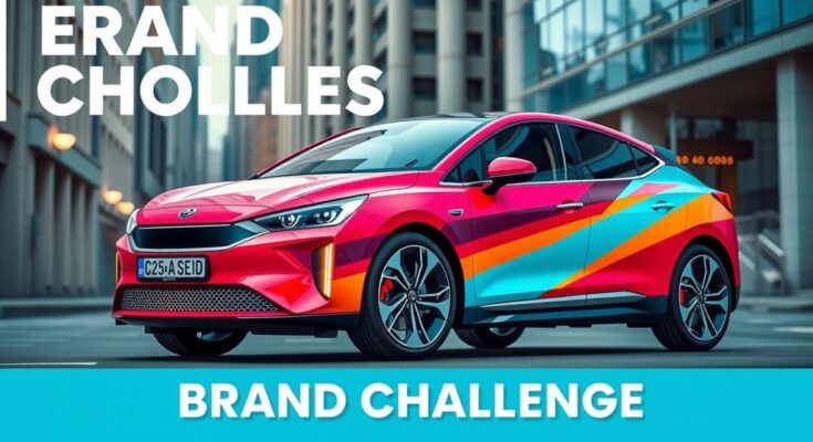 Culoarea electrică a unui automobil Tesla pe fundal urban, simbolizând provocările de brand. Estetică modernă, paletă vibrantă.