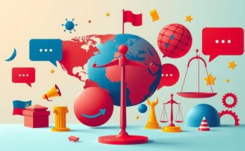 Gambaran dinamis pembangunan politik global dengan warna cerah, menonjolkan pengaruh dan kekuatan politik.