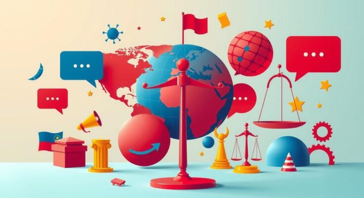 Gambaran dinamis pembangunan politik global dengan warna cerah, menonjolkan pengaruh dan kekuatan politik.
