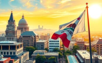 Due bandiere californiane sventolano sopra un paesaggio urbano di Oakland, colori vivaci e uno stile impressionista.