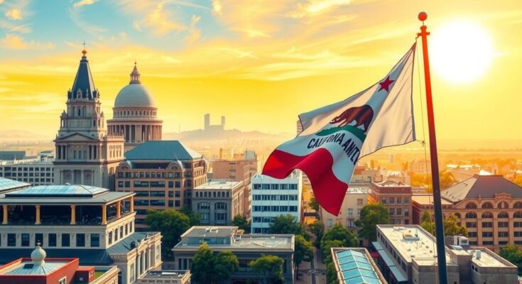 Due bandiere californiane sventolano sopra un paesaggio urbano di Oakland, colori vivaci e uno stile impressionista.