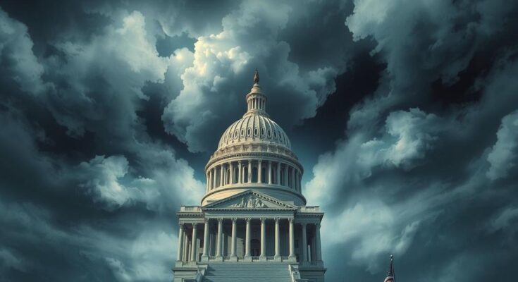 Сенат США в ожидании голосования, символизирующий политическую напряжённость.
