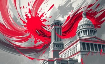 Rappresentazione astratta della tumultuosa attività politica negli edifici governativi di Washington.