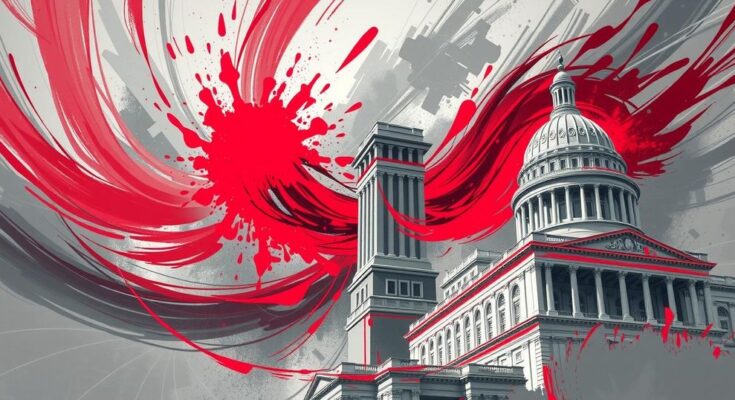 Rappresentazione astratta della tumultuosa attività politica negli edifici governativi di Washington.