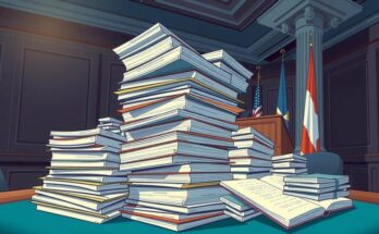 Scène au Sénat avec des documents législatifs, drapeaux en arrière-plan, ambiance tendue et colorée.