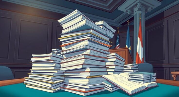 Scène au Sénat avec des documents législatifs, drapeaux en arrière-plan, ambiance tendue et colorée.