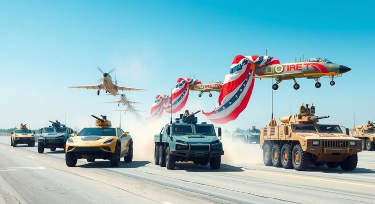 Парад военной техники с самолетами на фоне голубого неба, стилизованный под реализм, с яркими цветами.