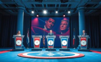 Ruang debat politik terkenal dengan simbol partai, fokus pada ekonomi sebagai isu utama dalam pemilu.
