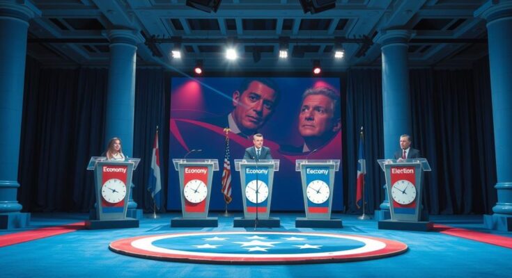 Ruang debat politik terkenal dengan simbol partai, fokus pada ekonomi sebagai isu utama dalam pemilu.