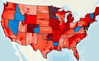 Peta Amerika dengan warna merah dan biru menunjukkan pergeseran pemilih antara partai politik.