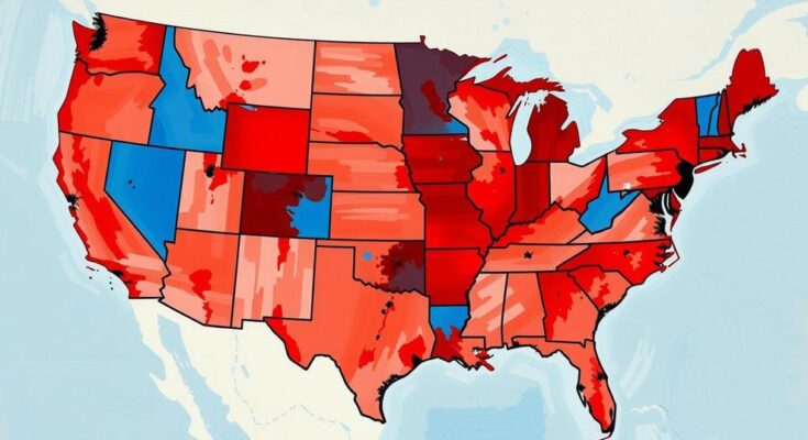 Peta Amerika dengan warna merah dan biru menunjukkan pergeseran pemilih antara partai politik.