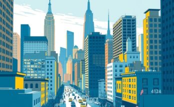 Kota New York dengan latar gedung tinggi dan suasana pemilihan, menghadirkan nuansa moderen dan dinamis.
