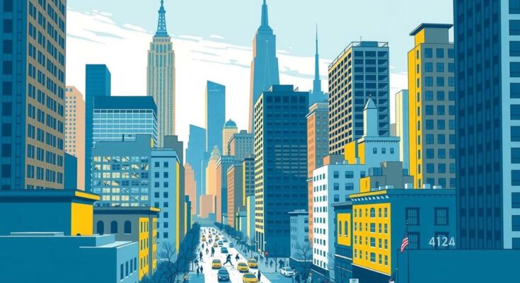 Kota New York dengan latar gedung tinggi dan suasana pemilihan, menghadirkan nuansa moderen dan dinamis.