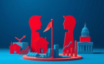 Gambaran visual strategi politik dengan fokus pada isu ekonomi dan simbol partai di latar belakang.