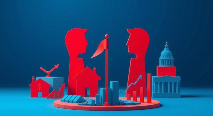 Gambaran visual strategi politik dengan fokus pada isu ekonomi dan simbol partai di latar belakang.