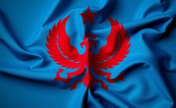 Simbologia politica con colori blu e rosso che riflettono tensione e divisione, mostrando una bandiera strategica e elementi evocativi.