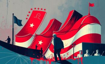 Ilustrasi politik mencolok menggambarkan suasana ketegangan dengan warna merah dan biru.