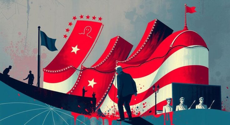 Ilustrasi politik mencolok menggambarkan suasana ketegangan dengan warna merah dan biru.